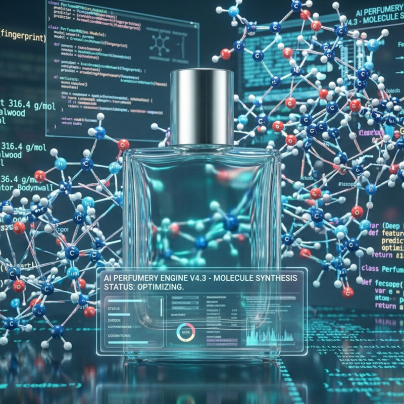 AI generated perfume bottle with AI code for perfumery